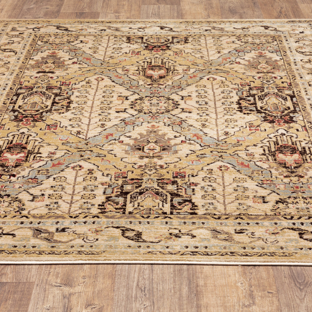 6' X 9' Beige Grey Dolphin Blue Deep Teal Gold And Orange Oriental Power Loom Stain Resistant Area Rug