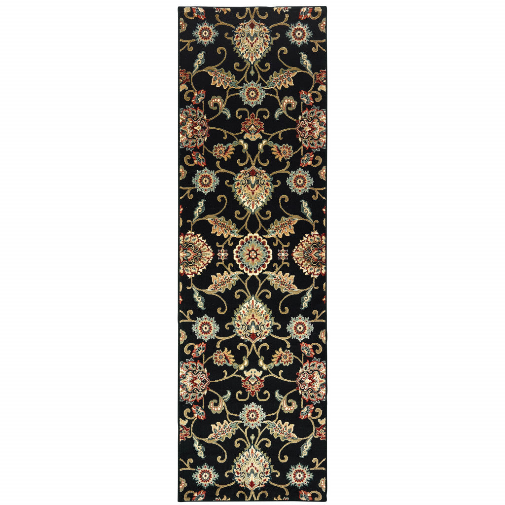 2' X 8' Black Red Green Ivory Salmon And Yellow Floral Power Loom Stain Resistant Runner Rug