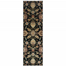 2' X 8' Black Red Green Ivory Salmon And Yellow Floral Power Loom Stain Resistant Runner Rug