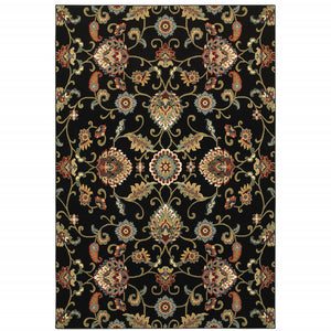 5' X 8' Black Red Green Ivory Salmon And Yellow Floral Power Loom Stain Resistant Area Rug