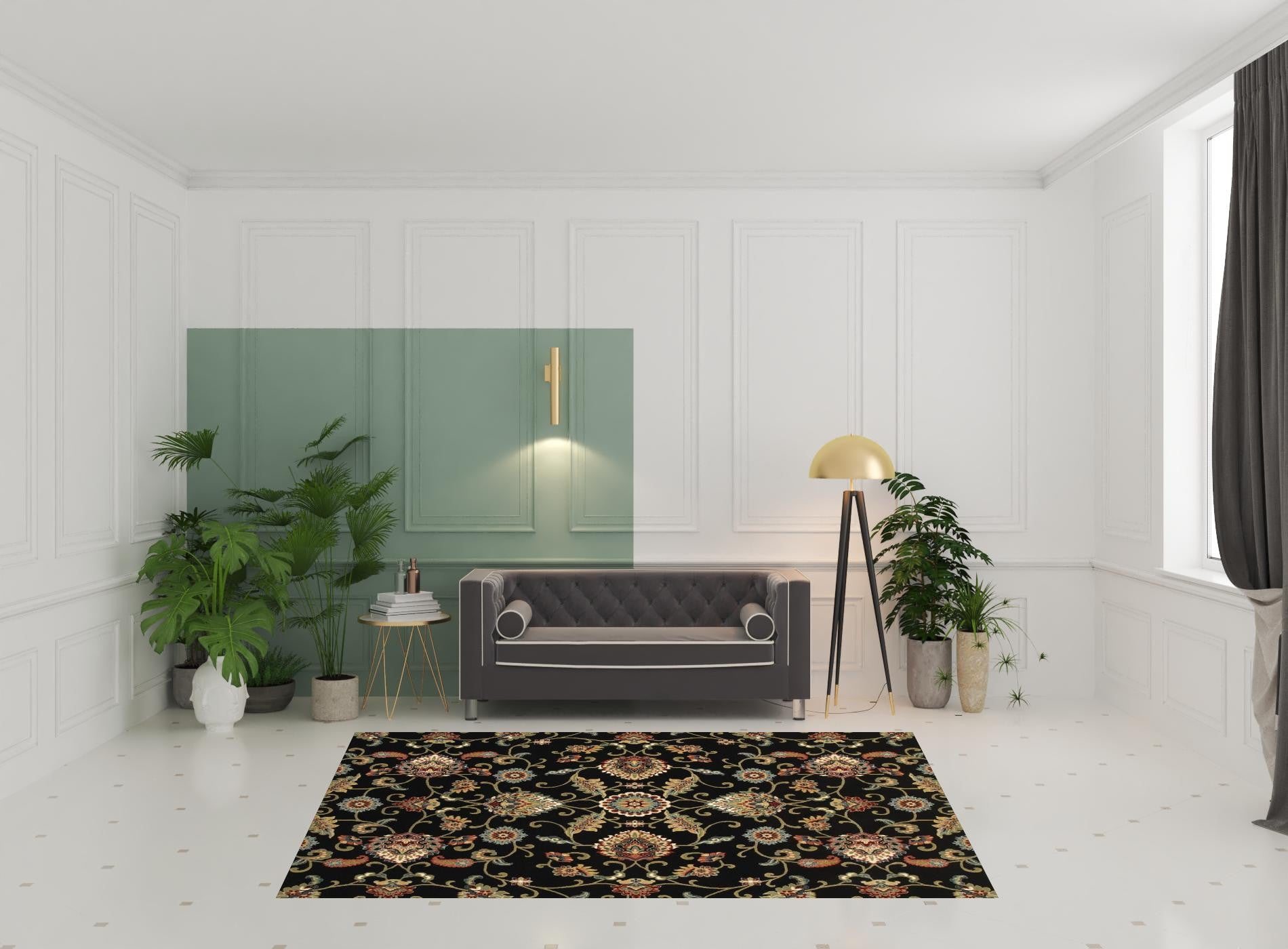 6' X 9' Black Red Green Ivory Salmon And Yellow Floral Power Loom Stain Resistant Area Rug