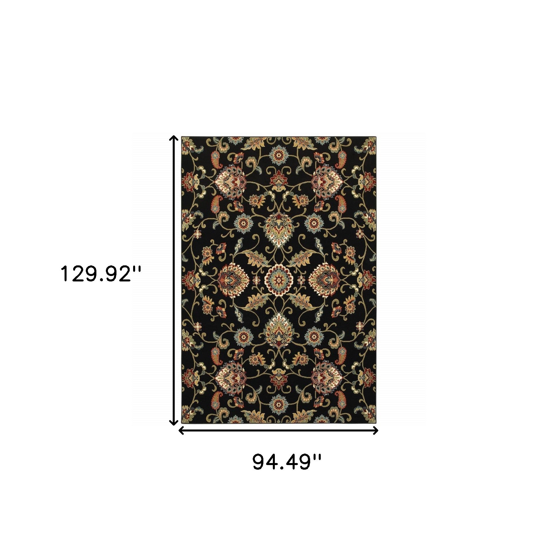 8' X 11' Black Red Green Ivory Salmon And Yellow Floral Power Loom Stain Resistant Area Rug