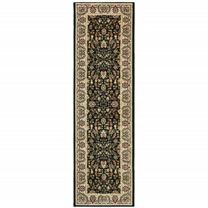 2' X 8' Black And Ivory Oriental Power Loom Stain Resistant Runner Rug