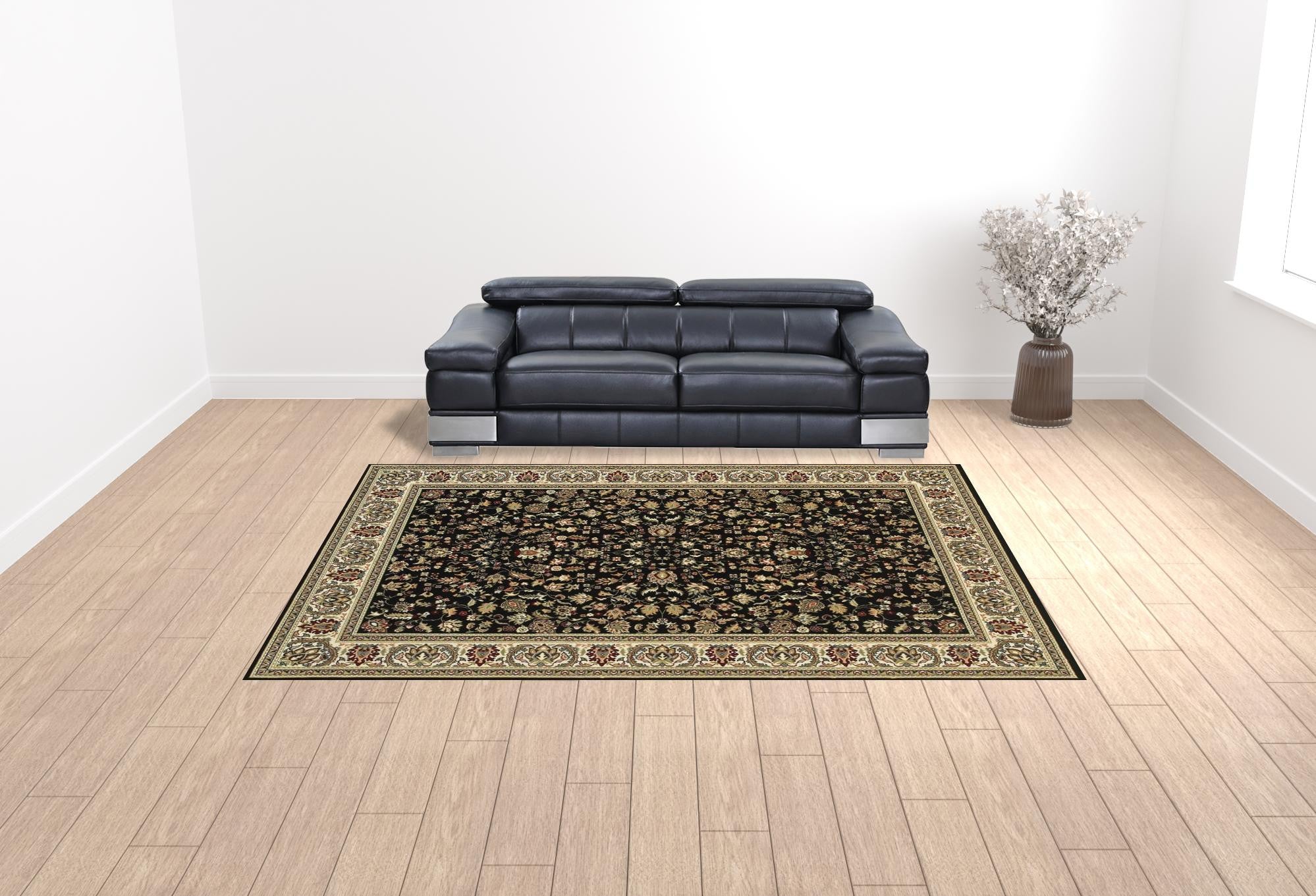 Black And Ivory Oriental Power Loom Stain Resistant Area Rug - 10' x 13'