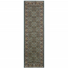 2' X 8' Navy Blue Green Red Ivory And Yellow Oriental Power Loom Stain Resistant Runner Rug