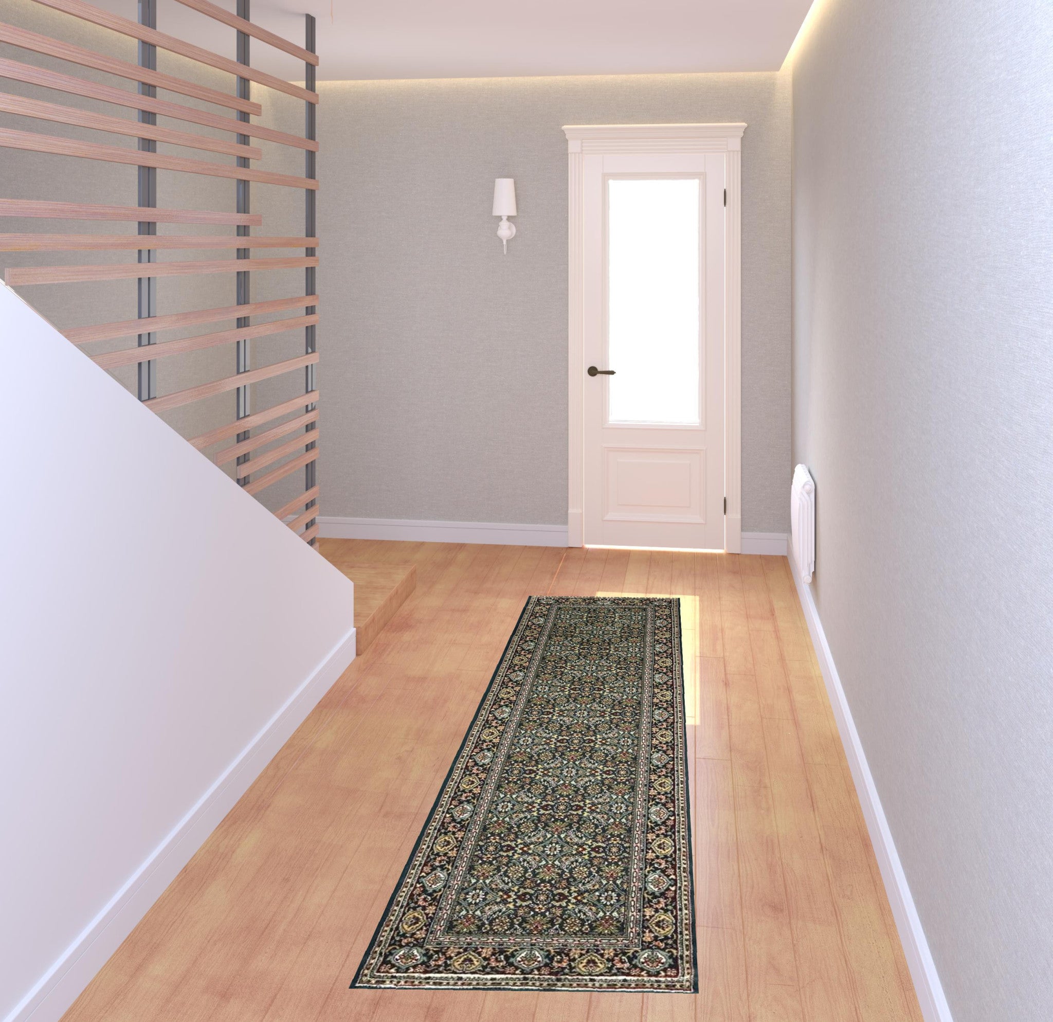 2' X 8' Navy Blue Green Red Ivory And Yellow Oriental Power Loom Stain Resistant Runner Rug