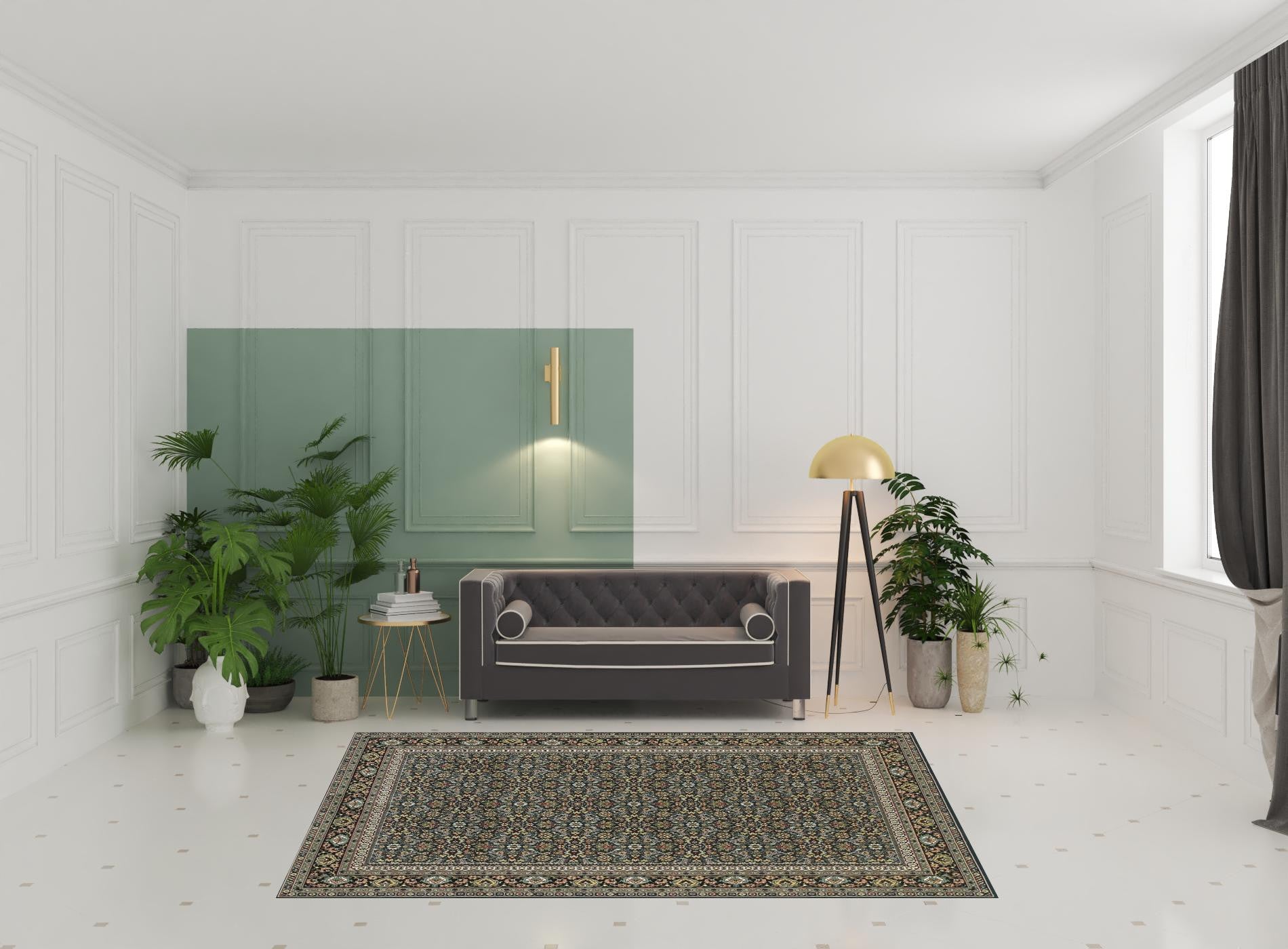 6' X 9' Navy Blue Green Red Ivory And Yellow Oriental Power Loom Stain Resistant Area Rug