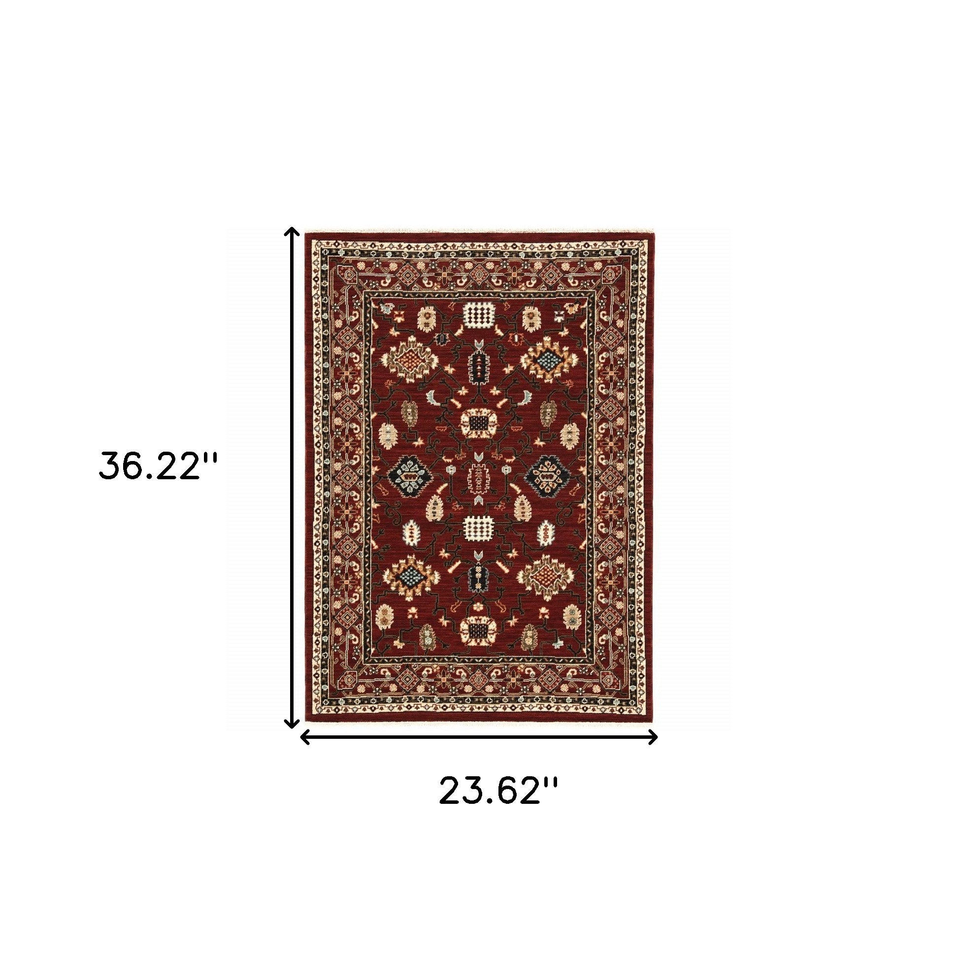 2' X 3' Red Black Ivory And Brown Oriental Power Loom Stain Resistant Area Rug With Fringe