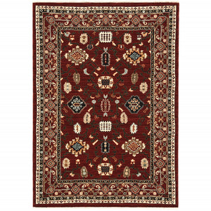 3' X 5' Red Black Ivory And Brown Oriental Power Loom Stain Resistant Area Rug With Fringe