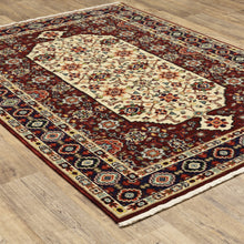 2' X 3' Red Ivory Blue And Orange Oriental Power Loom Stain Resistant Area Rug With Fringe