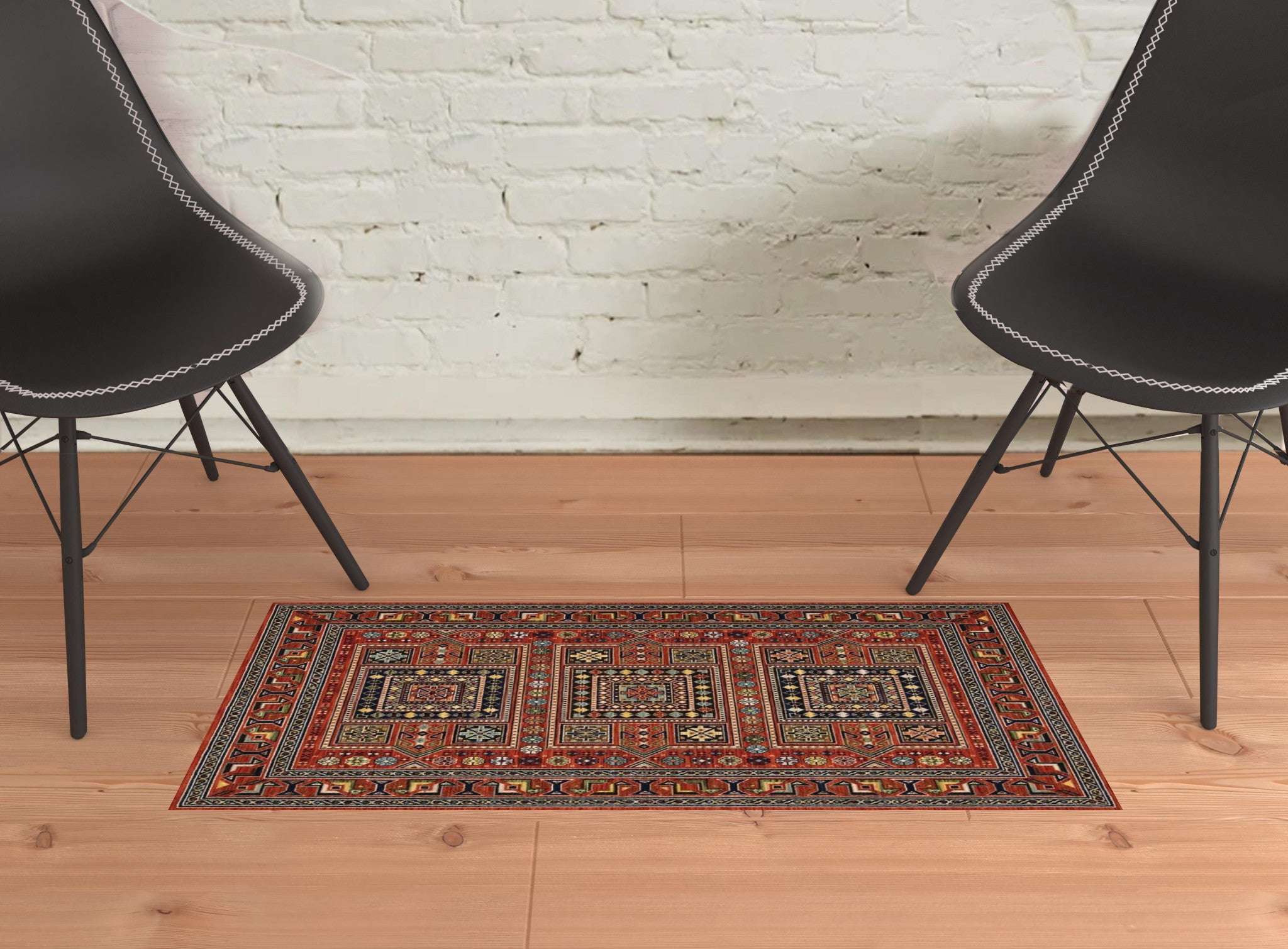 2' X 3' Red Blue Beige And Green Oriental Power Loom Stain Resistant Area Rug With Fringe