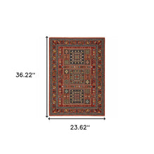2' X 3' Red Blue Beige And Green Oriental Power Loom Stain Resistant Area Rug With Fringe