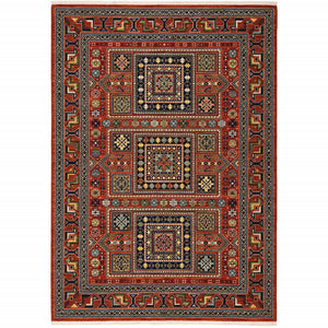2' X 3' Red Blue Beige And Green Oriental Power Loom Stain Resistant Area Rug With Fringe