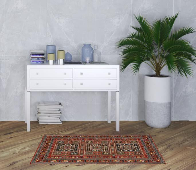 3' X 5' Red Blue Beige And Green Oriental Power Loom Stain Resistant Area Rug With Fringe