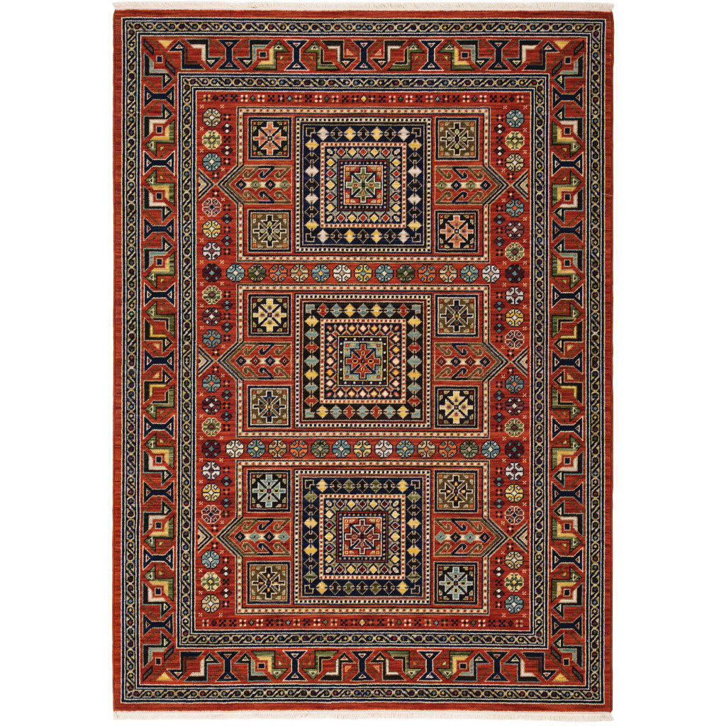 8' X 11' Red Blue Beige And Green Oriental Power Loom Stain Resistant Area Rug With Fringe