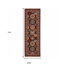 2' X 6' Red Blue Brown And Beige Oriental Power Loom Stain Resistant Runner Rug With Fringe