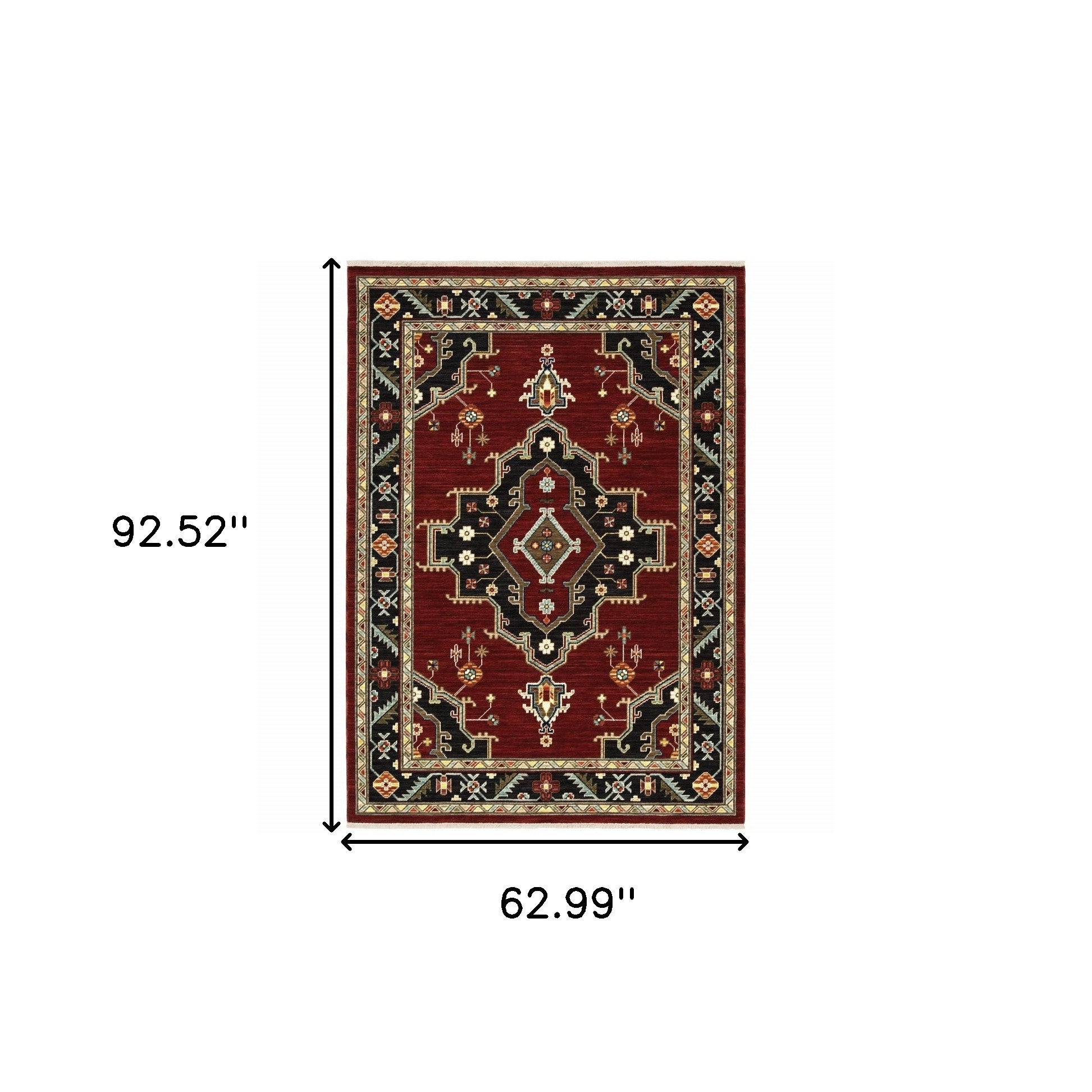 5' X 8' Red Black Beige And Blue Oriental Power Loom Stain Resistant Area Rug With Fringe