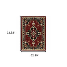 5' X 8' Red Black Beige And Blue Oriental Power Loom Stain Resistant Area Rug With Fringe
