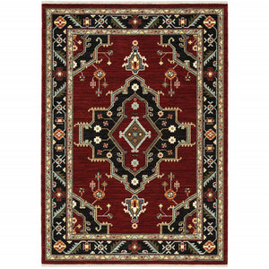 5' X 8' Red Black Beige And Blue Oriental Power Loom Stain Resistant Area Rug With Fringe