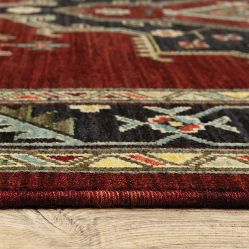 5' X 8' Red Black Beige And Blue Oriental Power Loom Stain Resistant Area Rug With Fringe