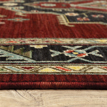 5' X 8' Red Black Beige And Blue Oriental Power Loom Stain Resistant Area Rug With Fringe