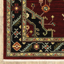 5' X 8' Red Black Beige And Blue Oriental Power Loom Stain Resistant Area Rug With Fringe