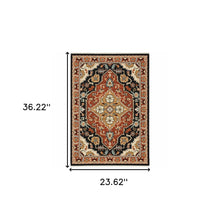 2' X 3' Black Orange And Beige Oriental Power Loom Stain Resistant Area Rug With Fringe