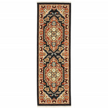 2' X 6' Black Orange And Beige Oriental Power Loom Stain Resistant Runner Rug With Fringe