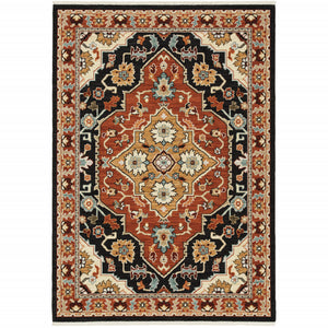 8' X 11' Black Orange And Beige Oriental Power Loom Stain Resistant Area Rug With Fringe