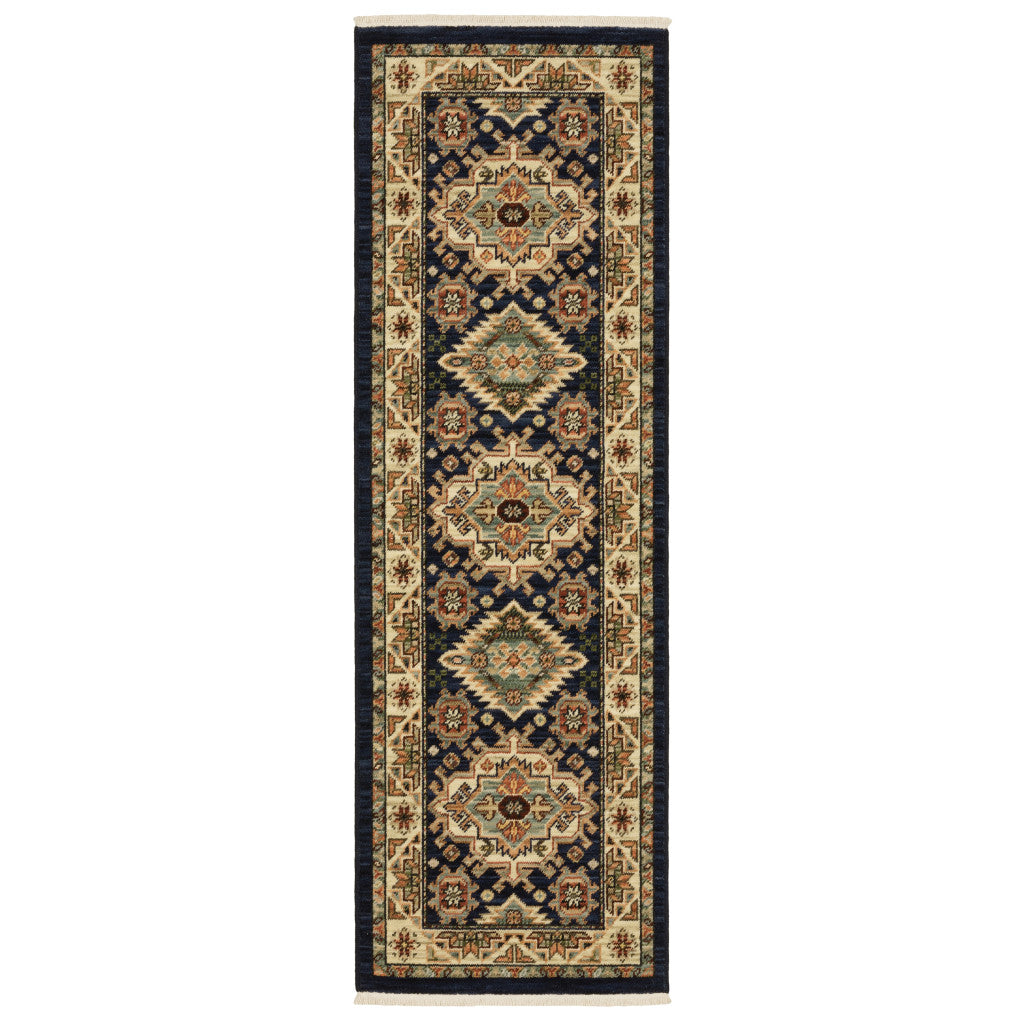 2' X 6' Navy Charcoal Orange Rust Gold Pale Blue Olive Beige And Salmon Oriental Power Loom Runner Rug With Fringe