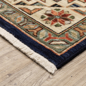 2' X 6' Navy Charcoal Orange Rust Gold Pale Blue Olive Beige And Salmon Oriental Power Loom Runner Rug With Fringe