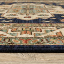 2' X 6' Navy Charcoal Orange Rust Gold Pale Blue Olive Beige And Salmon Oriental Power Loom Runner Rug With Fringe