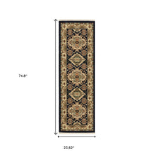 2' X 6' Navy Charcoal Orange Rust Gold Pale Blue Olive Beige And Salmon Oriental Power Loom Runner Rug With Fringe