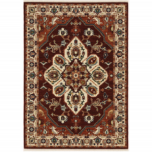 3' X 5' Red Ivory Orange And Blue Oriental Power Loom Stain Resistant Area Rug With Fringe