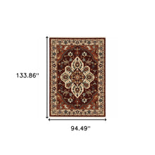 8' X 11' Red Ivory Orange And Blue Oriental Power Loom Stain Resistant Area Rug With Fringe