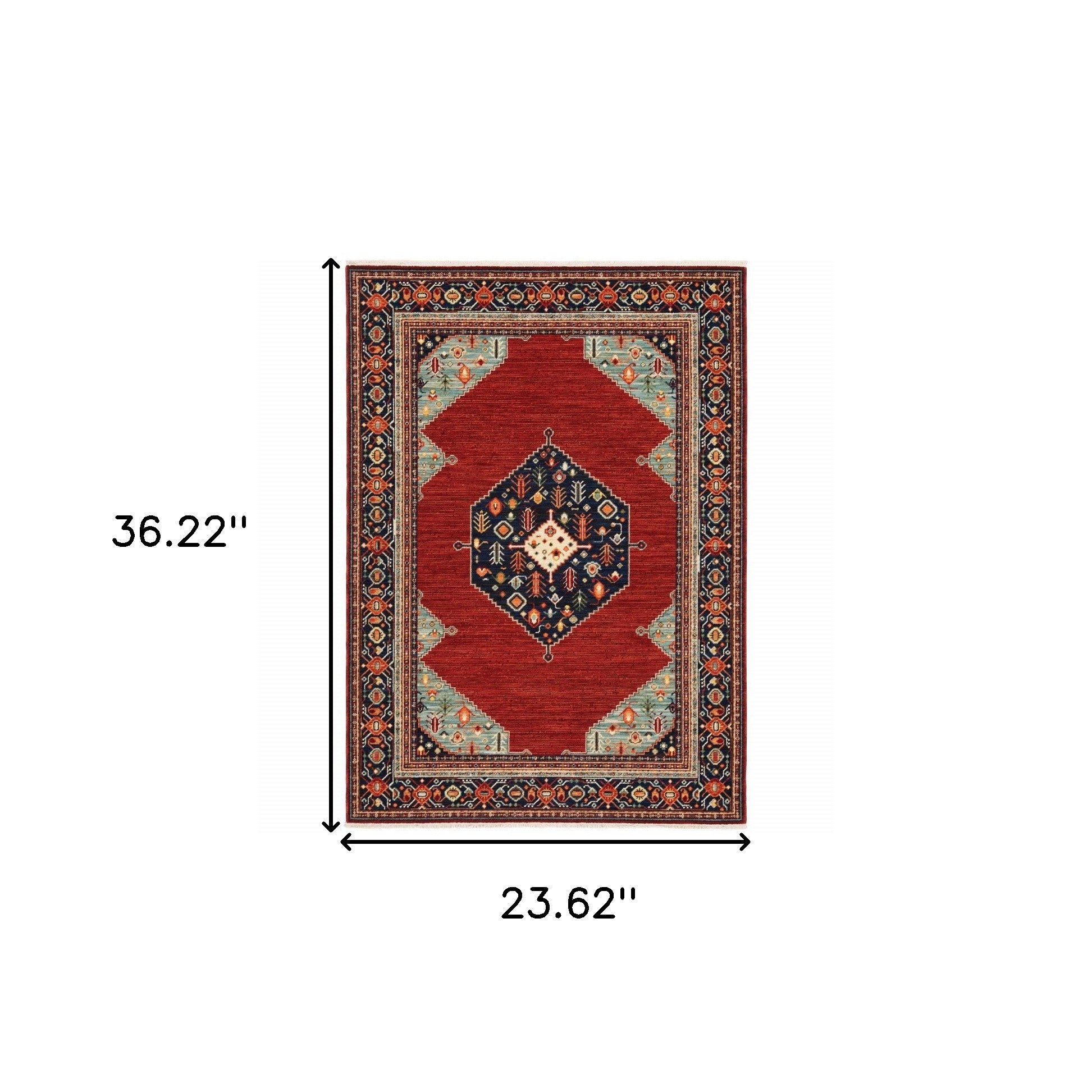 2' X 3' Red Blue Orange And Ivory Oriental Power Loom Stain Resistant Area Rug With Fringe