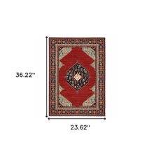 2' X 3' Red Blue Orange And Ivory Oriental Power Loom Stain Resistant Area Rug With Fringe
