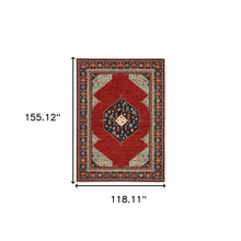 10' X 13' Red Blue Orange And Ivory Oriental Power Loom Stain Resistant Area Rug With Fringe