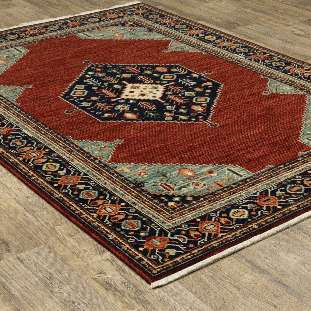 10' X 13' Red Blue Orange And Ivory Oriental Power Loom Stain Resistant Area Rug With Fringe