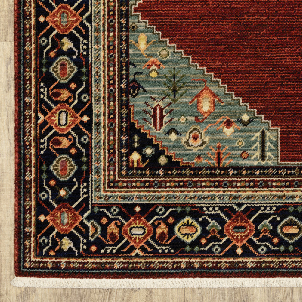 10' X 13' Red Blue Orange And Ivory Oriental Power Loom Stain Resistant Area Rug With Fringe