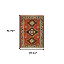 2' X 3' Red Gold Blue Brown Oriental Power Loom Stain Resistant Area Rug With Fringe