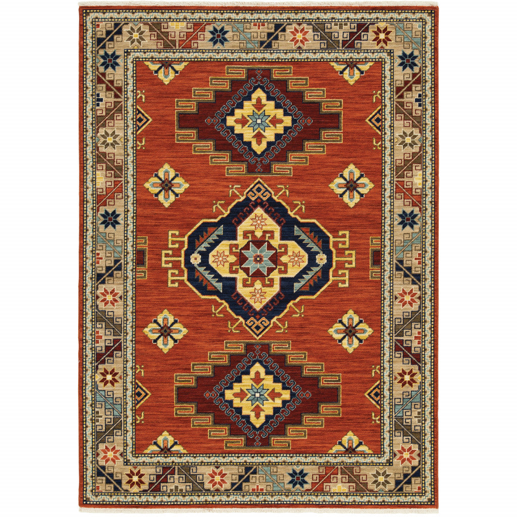 5' X 8' Red Gold Blue Brown Oriental Power Loom Stain Resistant Area Rug With Fringe