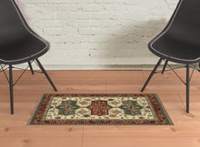 2' X 3' Brick Red Orange Rust Beige Gold Pale Blue Olive Navy And Black Oriental Power Loom Stain Resistant Area Rug With Fringe