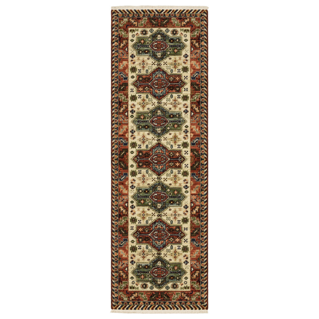 2' X 6' Brick Red Orange Rust Beige Gold Pale Blue Olive Navy And Black Oriental Power Loom Runner Rug With Fringe