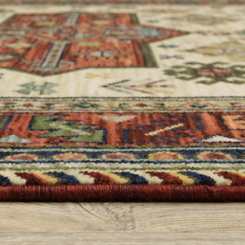 2' X 6' Brick Red Orange Rust Beige Gold Pale Blue Olive Navy And Black Oriental Power Loom Runner Rug With Fringe