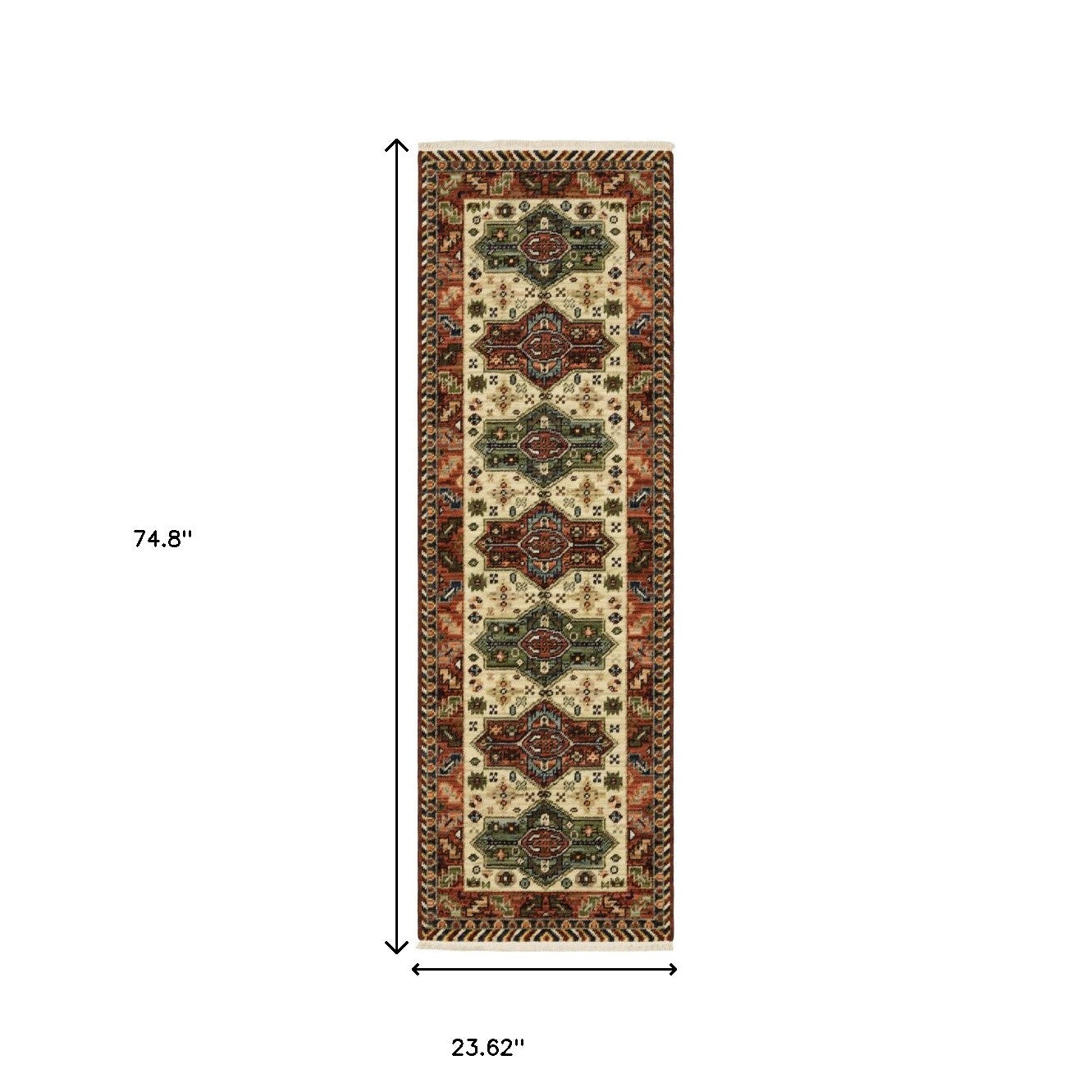 2' X 6' Brick Red Orange Rust Beige Gold Pale Blue Olive Navy And Black Oriental Power Loom Runner Rug With Fringe