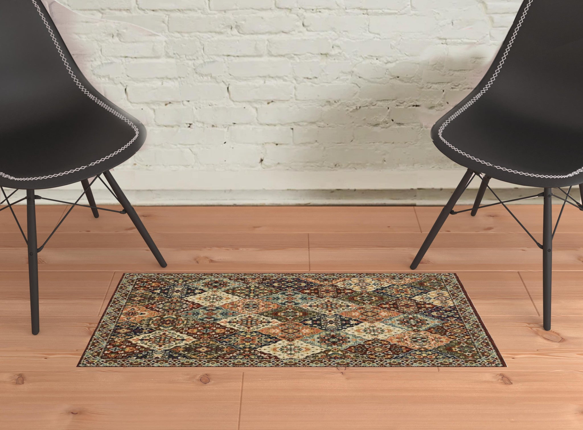 2' X 3' Red Rust Navy Light Blue Brown Orange Ivory And Gold Oriental Power Loom Stain Resistant Area Rug With Fringe