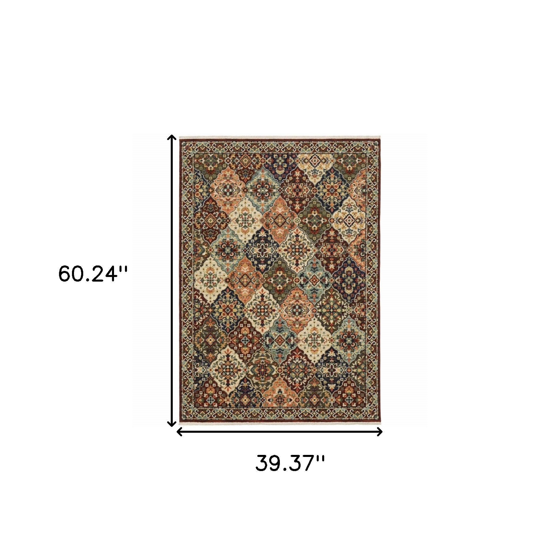 Red Rust Navy Light Blue Brown Orange Ivory And Gold Oriental Power Loom Stain Resistant Area Rug With Fringe - 3' x 5'