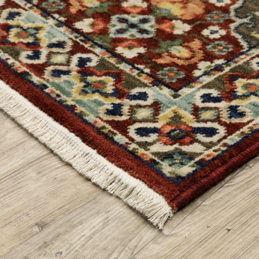 Red Rust Navy Light Blue Brown Orange Ivory And Gold Oriental Power Loom Stain Resistant Area Rug With Fringe - 3' x 5'