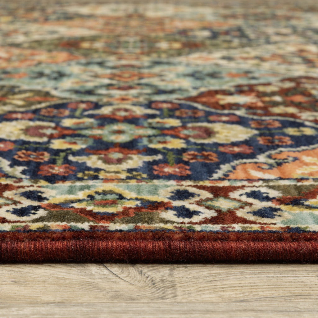 Red Rust Navy Light Blue Brown Orange Ivory And Gold Oriental Power Loom Stain Resistant Area Rug With Fringe - 3' x 5'